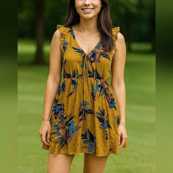 Everly Floral Halter Mini Dress M Sunflower Yellow/Orange Tie Front Sleeveless - Picture 1 of 8